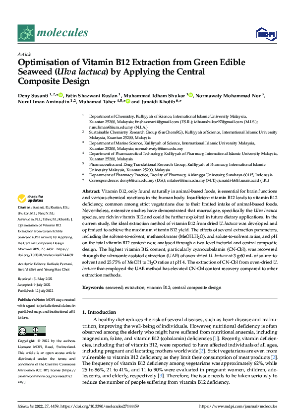 (PDF) Optimisation of Vitamin B12 Extraction from Green Edible Seaweed