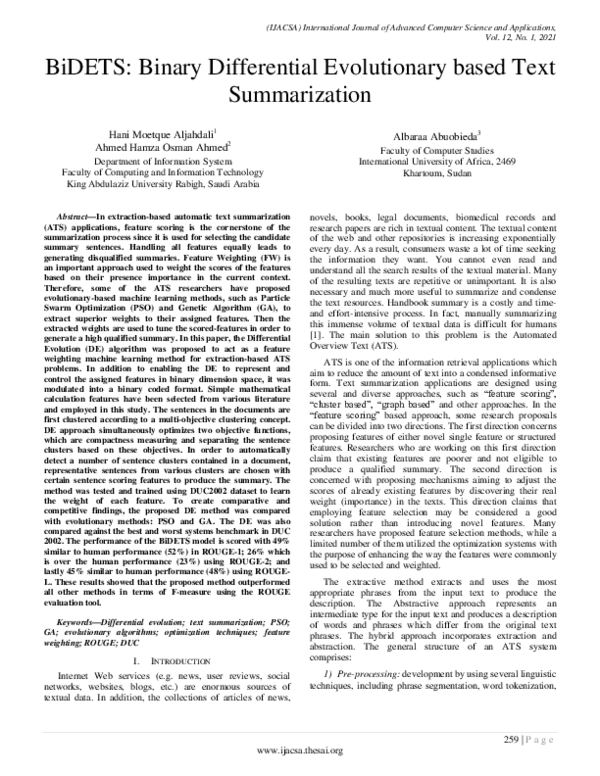 (PDF) BiDETS: Binary Differential Evolutionary based Text Summarization