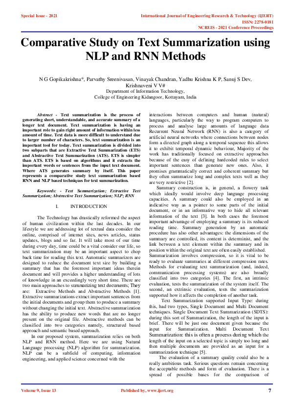 (PDF) Comparative Study on Text Summarization using NLP and RNN Methods