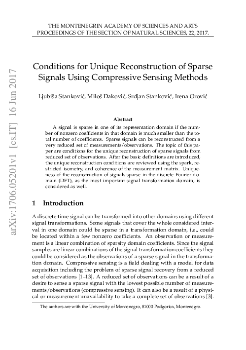 (PDF) Conditions for Unique Reconstruction of Sparse Signals Using ...