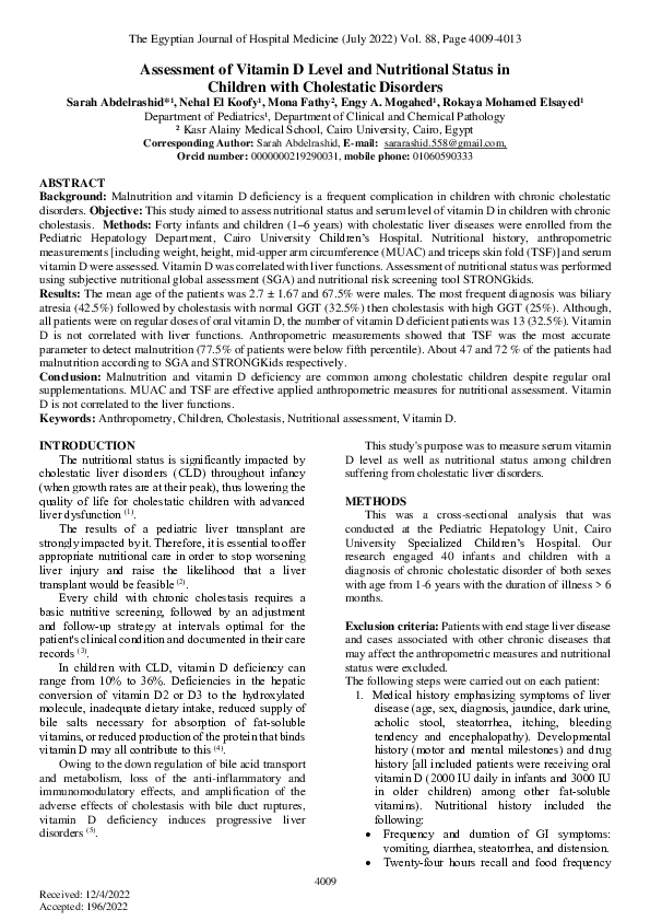 (PDF) Assessment of Vitamin D Level and Nutritional Status in Children ...