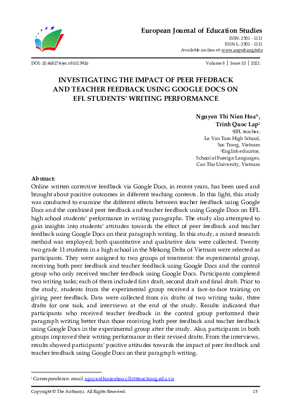 (PDF) Investigating the Impact of Peer Ffedback and Teacher Feedback ...