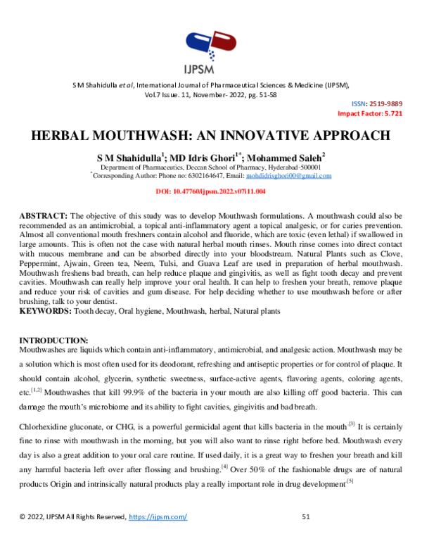 (PDF) HERBAL MOUTHWASH AN INNOVATIVE APPROACH IJPSM Journal