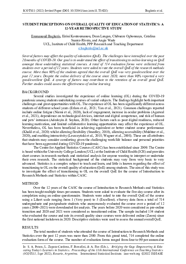 (PDF) Student Perceptions on Overall Quality of Education of Statistics ...