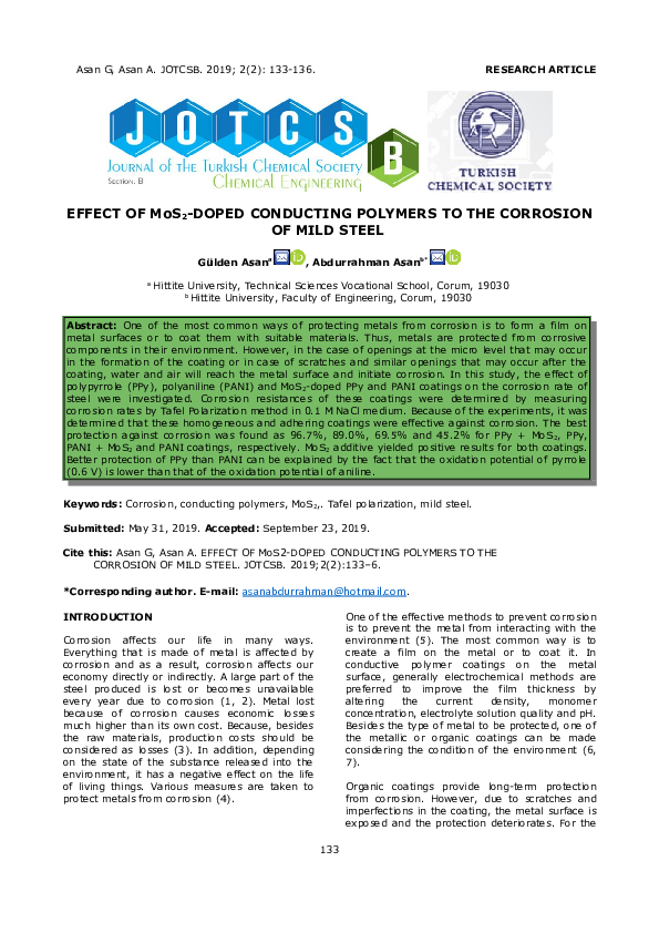 Effect of MOS2 Doped Conducting Polymers to Corrosion of Mild Steel