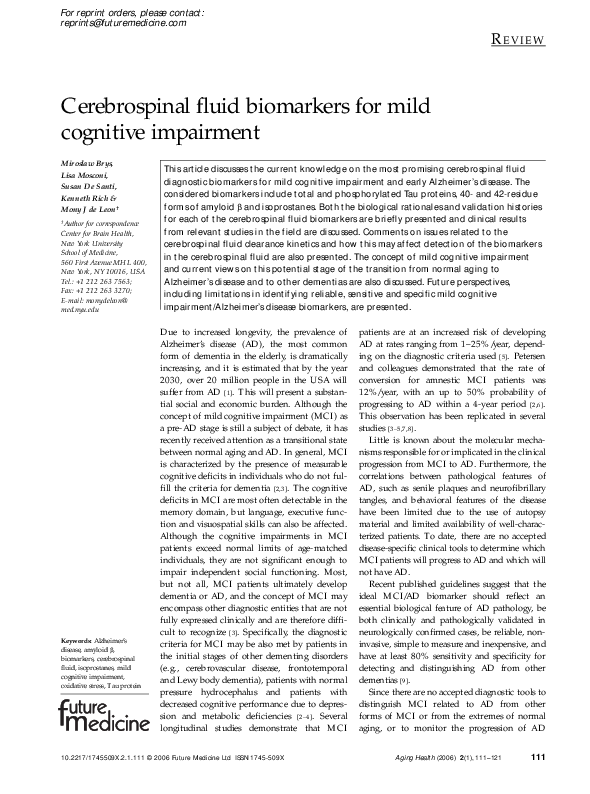 (PDF) Cerebrospinal fluid biomarkers for mild cognitive impairment