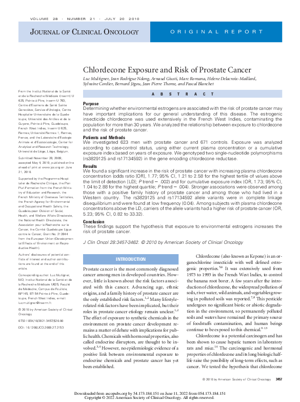 (PDF) Chlordecone Exposure and Risk of Prostate Cancer