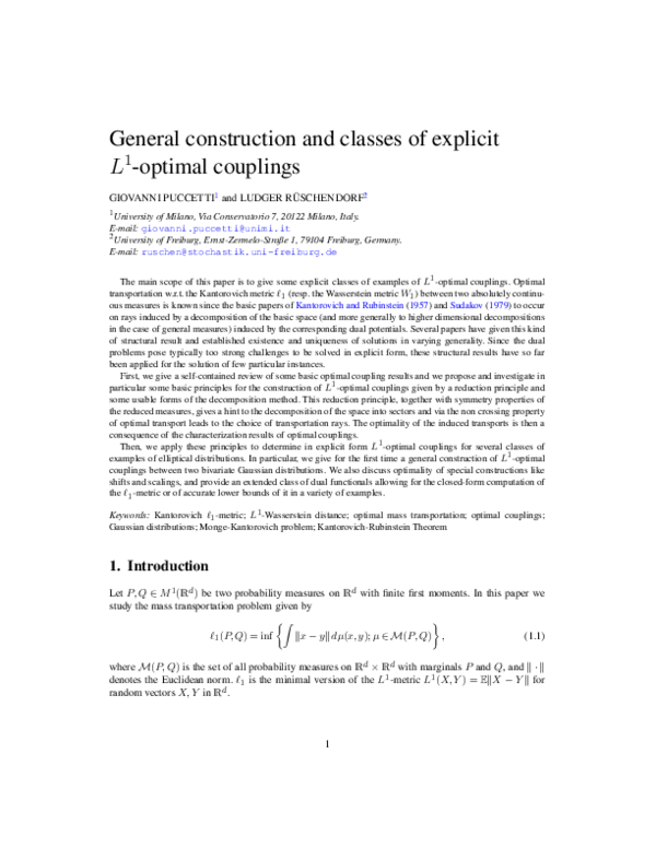 (PDF) General Construction and Classes of Explicit L 1-optimal Couplings