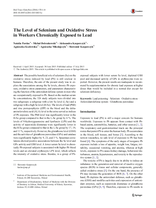 (PDF) The Level of Selenium and Oxidative Stress in Workers Chronically ...
