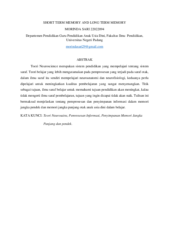 (PDF) SHORT TERM MEMORY AND LONG TERM MEMORY