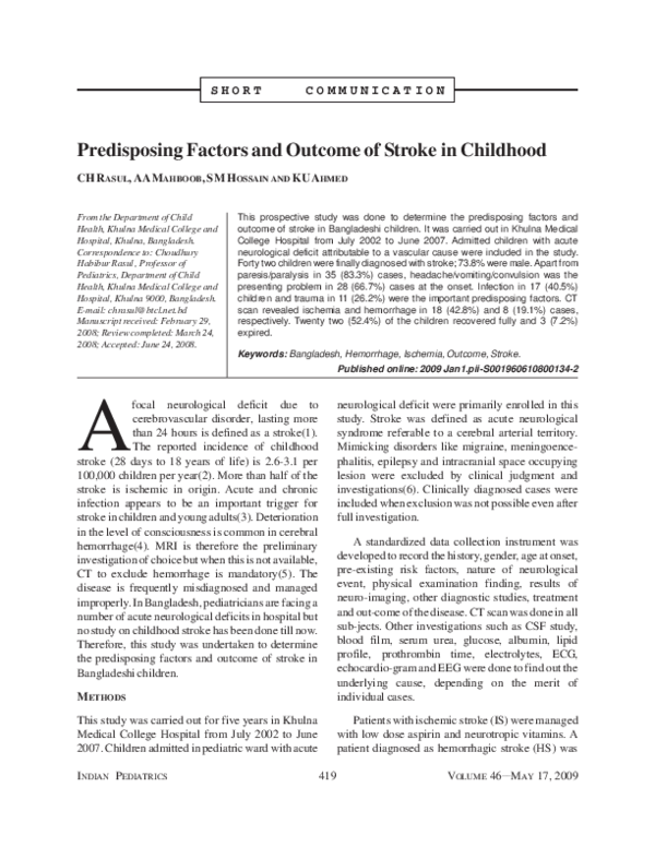 (PDF) Predisposing factors and outcome of stroke in childhood