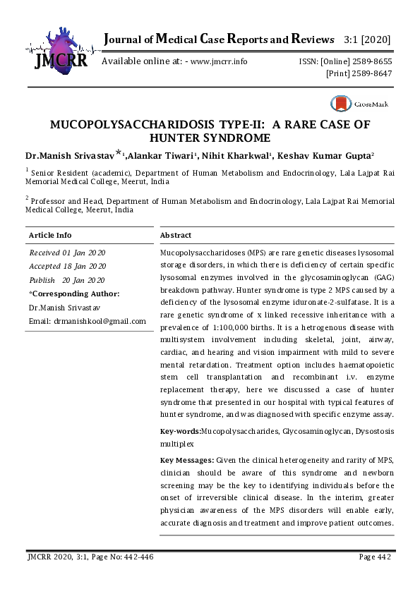 (PDF) Mucopolysaccharidosis TypeII A Rare Case of Hunter Syndrome