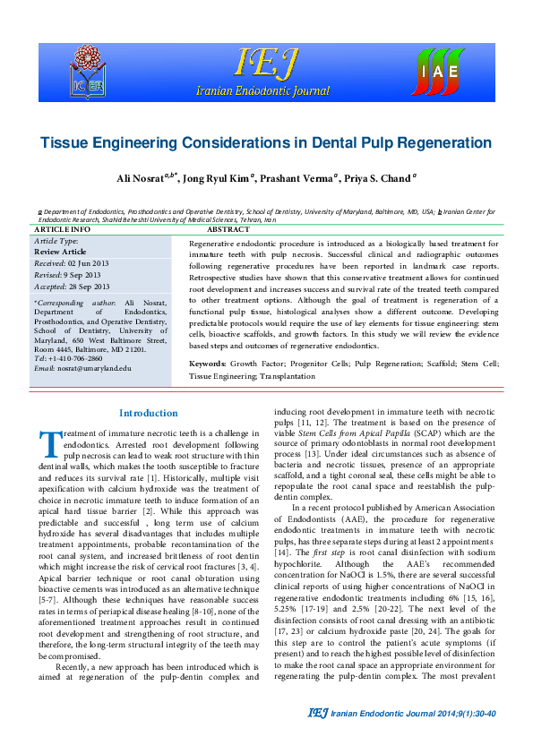 (PDF) Tissue Engineering Considerations in Dental Pulp Regeneration