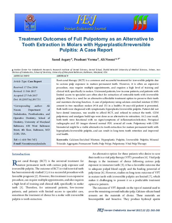(PDF) Treatment Outcomes of Full Pulpotomy as an Alternative to Tooth ...