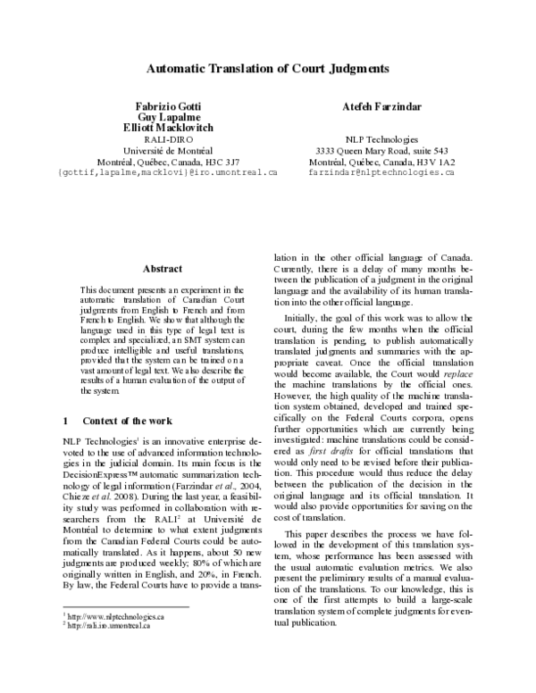 (PDF) Automatic translation of court judgments