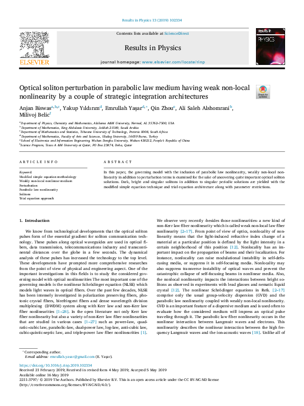 (PDF) Optical soliton perturbation in parabolic law medium having weak ...