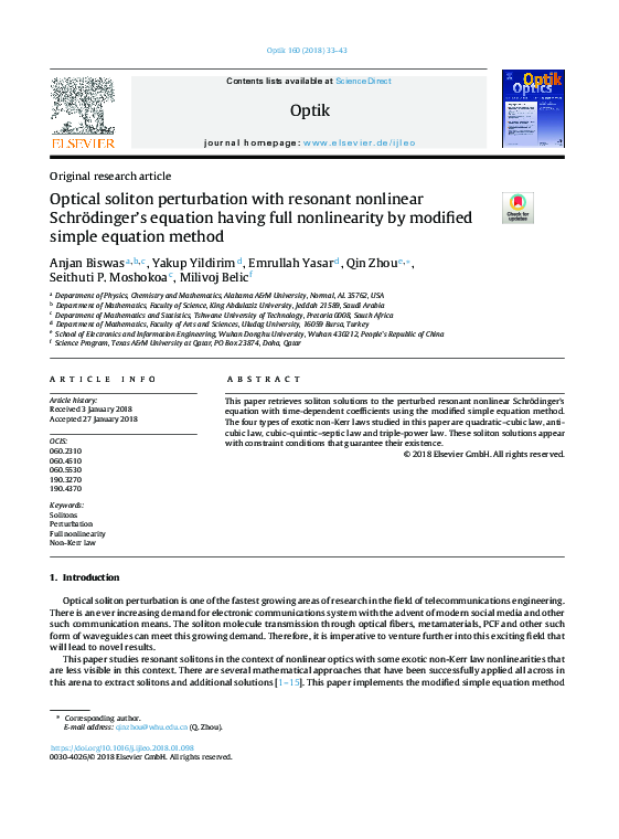 (PDF) Optical soliton perturbation with resonant nonlinear Schrödinger ...