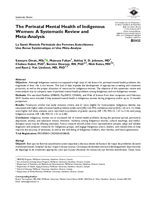 (PDF) The Perinatal Mental Health of Indigenous Women: A Systematic ...