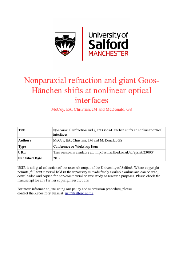 (PDF) Nonparaxial refraction and giant Goos-Hänchen shifts at nonlinear ...