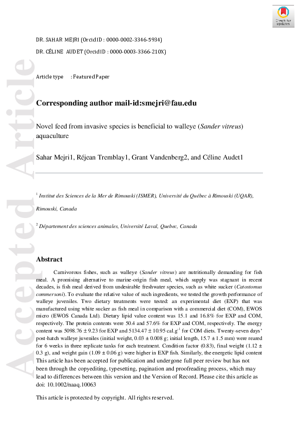 (PDF) Novel Feed from Invasive Species is Beneficial to Walleye Aquaculture