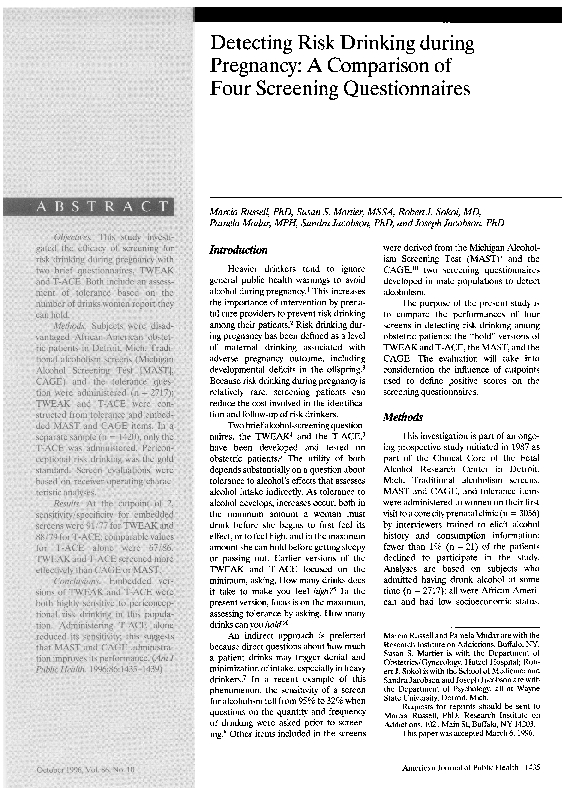 (PDF) Detecting risk drinking during pregnancy: a comparison of four ... - Drinking During Pregnancy Statistics Worldwide