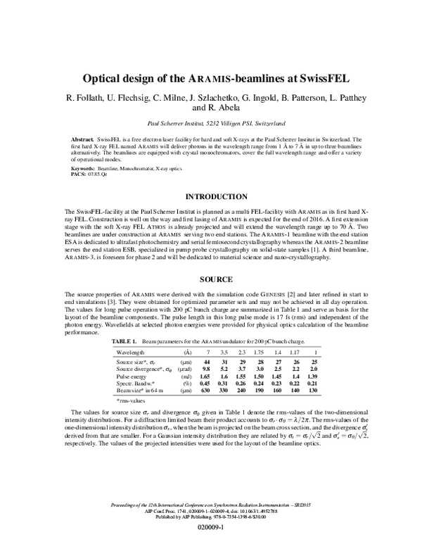 (PDF) Optical design of the ARAMIS-beamlines at SwissFEL