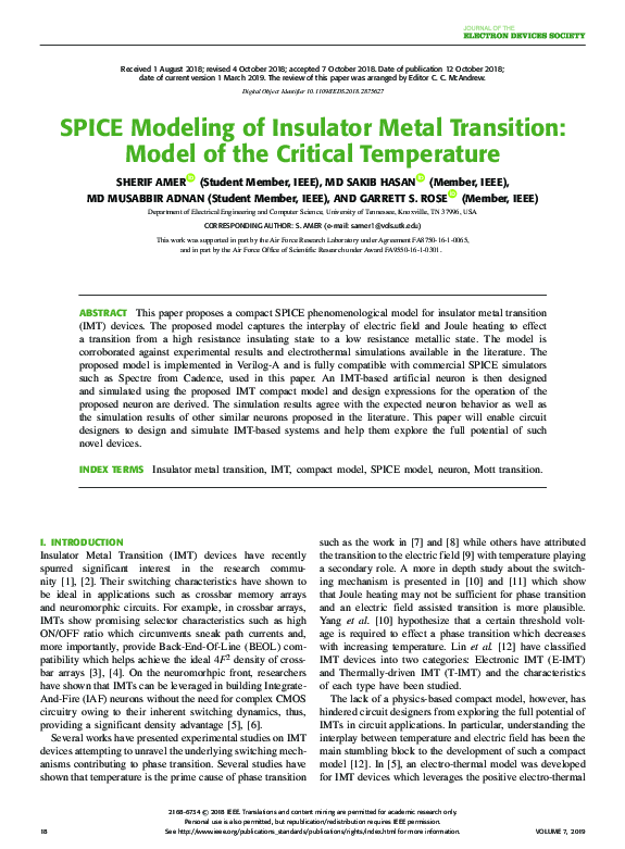 (PDF) SPICE Modeling of Insulator Metal Transition: Model of the ...