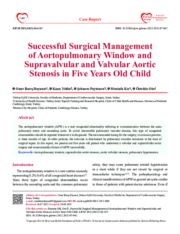(PDF) Successful Surgical Management of Aortopulmonary Window and ...