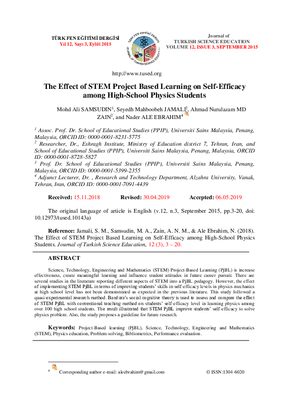 (PDF) The Effect of STEM Project Based Learning on Self-Efficacy Among ...
