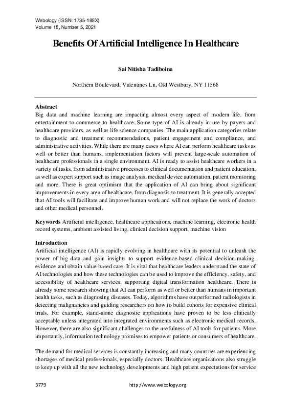 (PDF) Benefits Of Artificial Intelligence In Healthcare