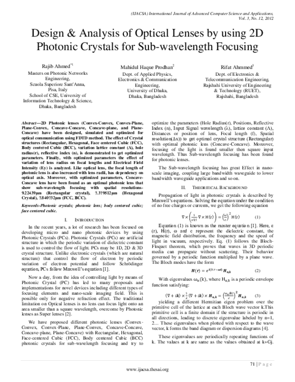(PDF) Design & Analysis of Optical Lenses by using 2D Photonic Crystals ...