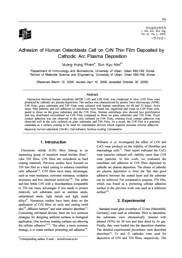 (PDF) Adhesion of Human Osteoblasts Cell on TiN Thin Film Deposited by ...