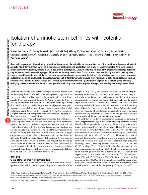 (PDF) Isolation of amniotic stem cell lines with potential for therapy