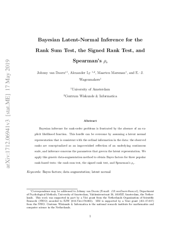 (PDF) Bayesian Latent-Normal Inference for the Rank Sum Test, the ...