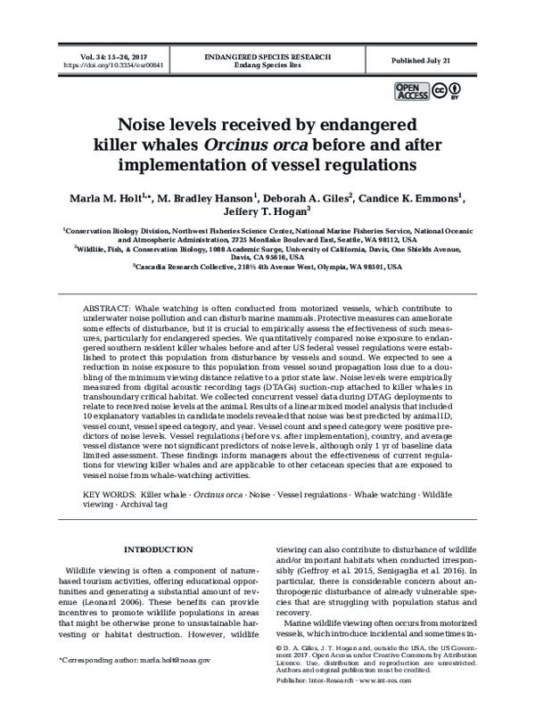 (PDF) Noise levels received by endangered killer whales Orcinus orca ...