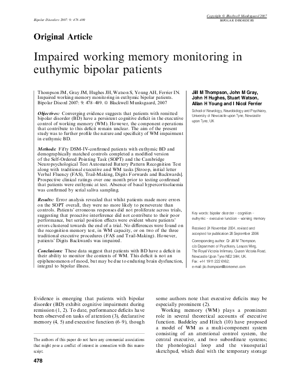 (PDF) Impaired working memory monitoring in euthymic bipolar patients
