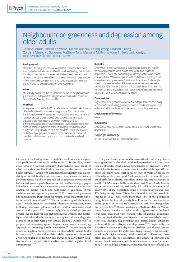 (PDF) Neighbourhood greenness and depression among older adults
