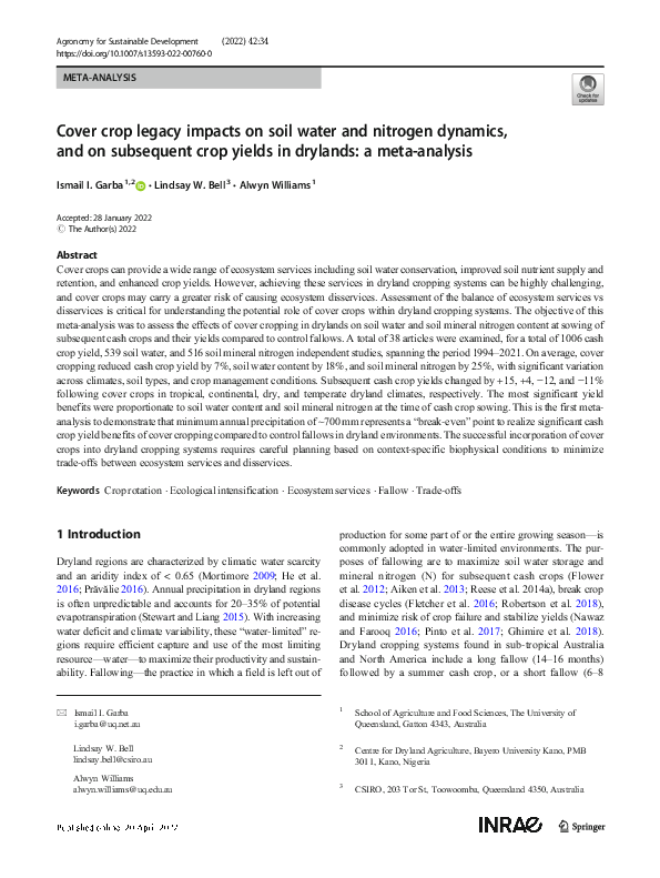 (PDF) Cover crop legacy impacts on soil water and nitrogen dynamics ...