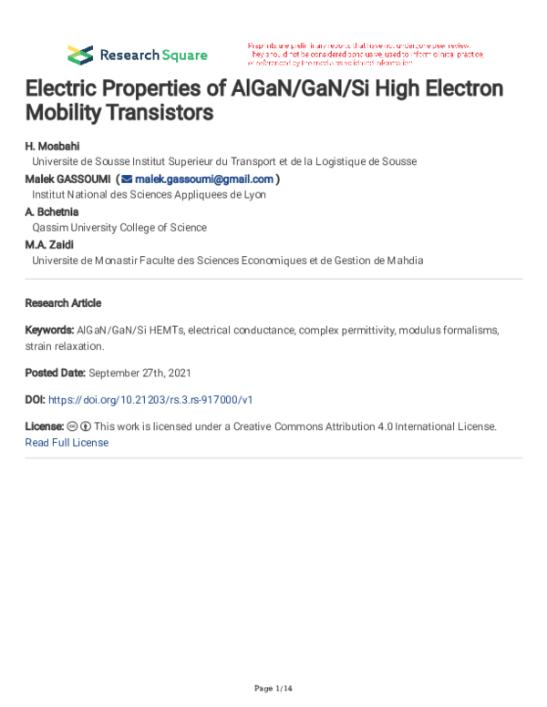 (PDF) Electric Properties of AlGaN/GaN/Si High electron Mobility ...