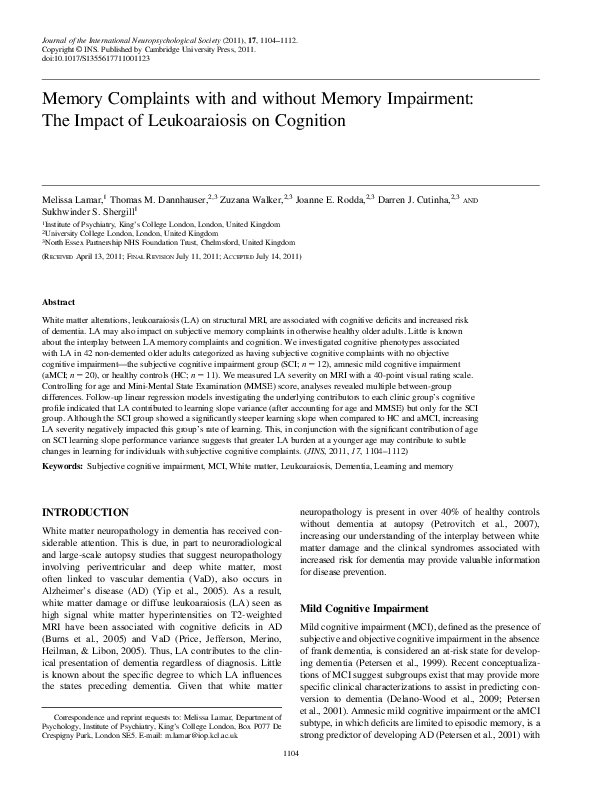 (PDF) Memory Complaints with and without Memory Impairment: The Impact ...