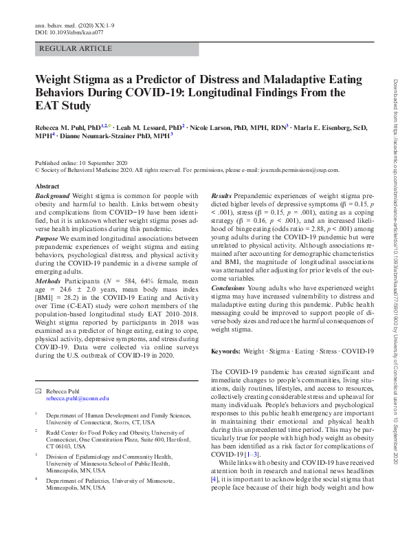 (PDF) Weight Stigma as a Predictor of Distress and Maladaptive Eating ...