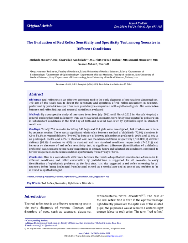(PDF) The Evaluation of Red Reflex Sensitivity and Specificity Test ...