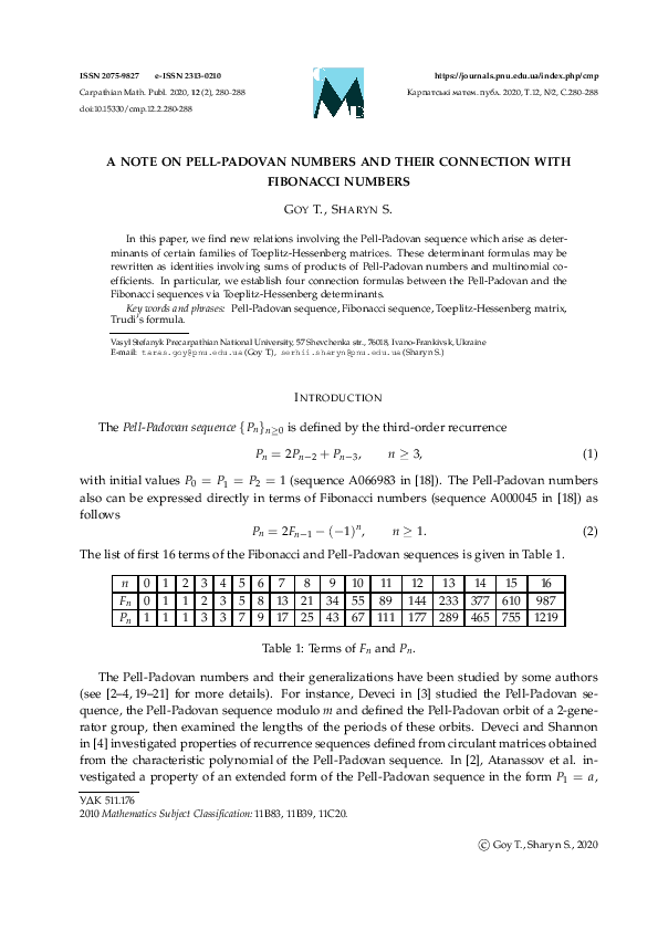 (PDF) A note on Pell-Padovan numbers and their connection with ...