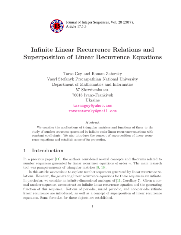 (PDF) Infinite Linear Recurrence Relations and Superposition of Linear ...