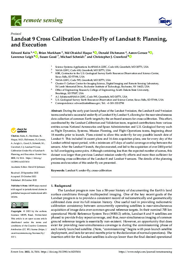 (PDF) Landsat 9 Cross Calibration Under-Fly of Landsat 8: Planning, and ...