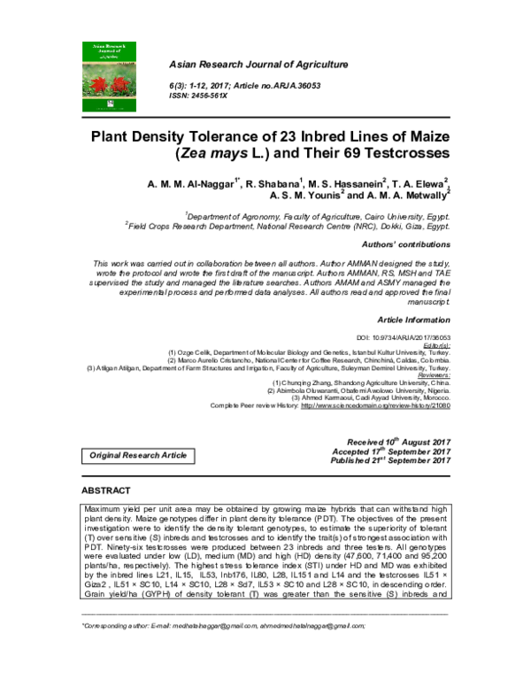 (PDF) Plant Density Tolerance of 23 Inbred Lines of Maize (Zea mays L ...
