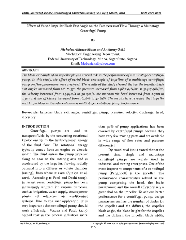 (PDF) Effects of Varied Impeller Blade Exit Angle on the Parameters of ...