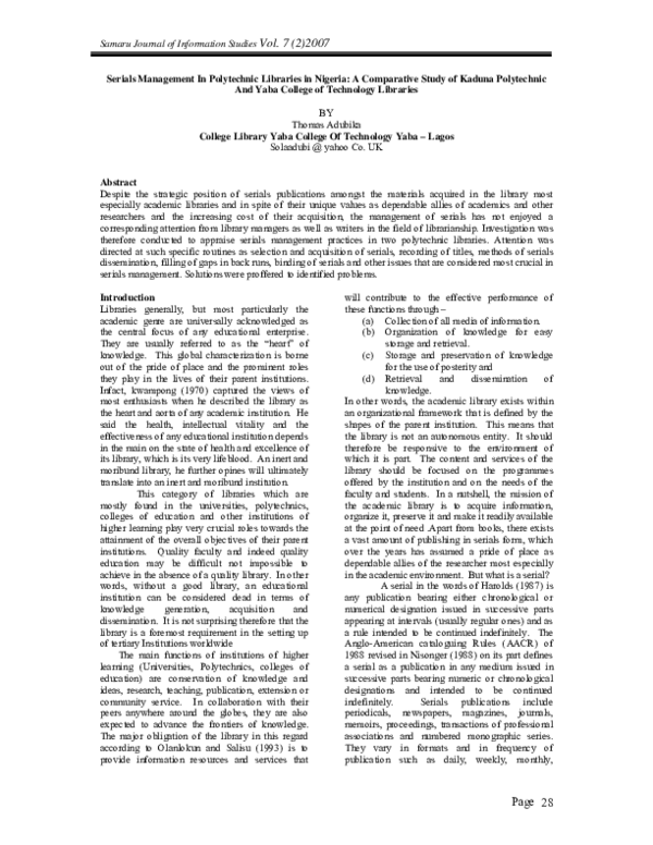 (PDF) Serials Management In Polytechnic Libraries in Nigeria: A ...