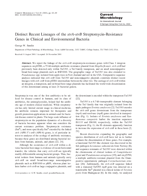 (PDF) Distinct Recent Lineages of the strA - strB Streptomycin ...