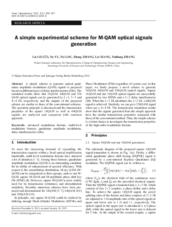 (PDF) A simple experimental scheme for M-QAM optical signals generation